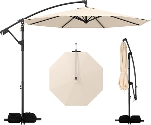 RELAX4LIFE Parasol Déporté Rond 3M avec 32 LED Solaire, Parasol de Jardin Extérieur Rotatif à 360°, 8 Branches, Base Croisée et 2 Sacs de Sable pour...