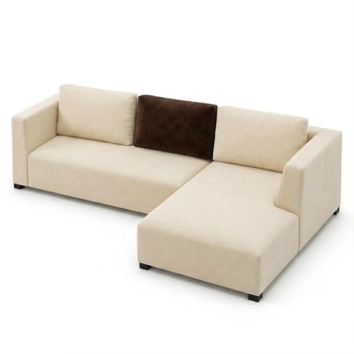 Image of FURNY Olympus 4 Seater RHS L Shape Sofa Set | Plush Velvet Suede Fabric | Modern Design | Soft Comfort Dual Color Cushions for Living Room, Office & Hotels (Cream-Dark Brown)