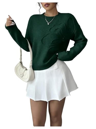 Image of RoseSeek Women's 3D Floral Appliques Crewneck Sweaters Long Sleeve Drop Shoulder Pullovers Elegant Knit Tops