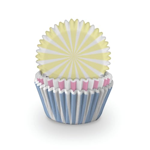 Anniversary House Pack of 75 Stripe Cupcake Cases for Spring Baking Baking Cups in Heavy Duty Greaseproof Paper Pink Yellow and Blue J245 12 cm x 12 cm x 12 cm