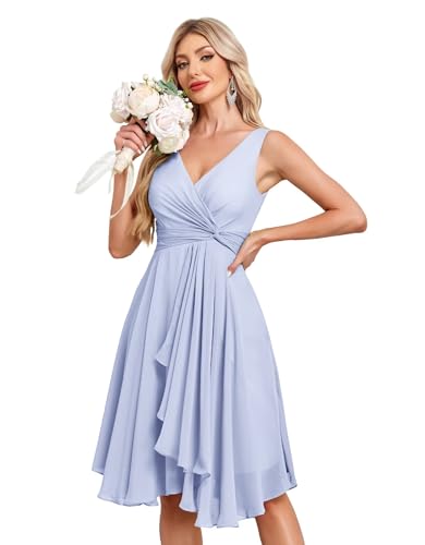 Image of Women's V Neck Short Bridesmaid Dresses 2025 Ruched Waist A Line Chiffon Formal Cocktail Party Dress
