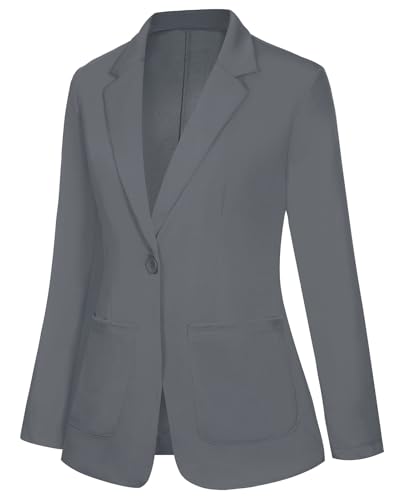 Womens Casual Blazers Notched Lapel Button Front Suit Jacket Blazer Work Office Long Sleeve Blazer with Pockets(Dark Grey M)2