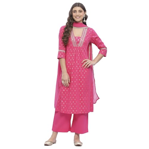 Image of BIBA Women Cotton Gathered Printed Suit Set