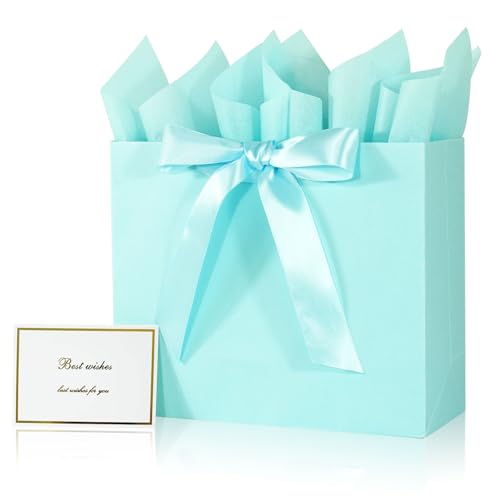 Elegant Light Blue Gift Bag 11.8x4.5x9.8 with Ribbons Handles Includes Card and Tissue for Weddings Birthdays Baby Shower Parties Holidays