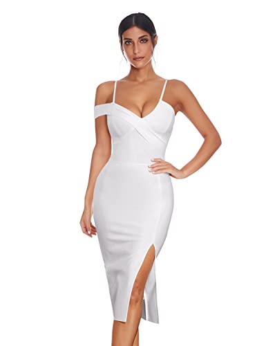 meilun Correa de espagueti un hombro vendaje vestido de fiesta bodycon con abertura lateral, Blanco, Large Cover