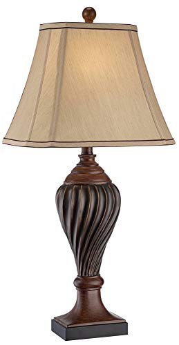 Regency Hill Traditional Style Table Lamp 28.5" Tall Carved Two Tone Brown Urn Shaped Ball Beige Fabric Rectangular Shade for Living Room Bedroom House Bedside Nightstand Home Office