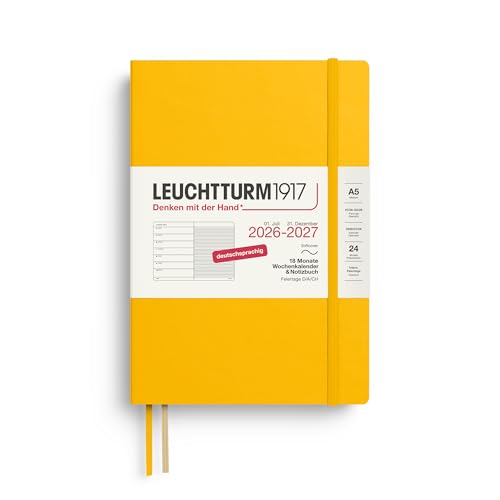 LEUCHTTURM1917 Wochenkalender 2027 A5 mit Notizbuch liniert - Terminplaner Deutsch 18 Monate Juli 2026 - Dezember 2027 Sunflower Softcover 210 x 145 mm Wochenübersicht links + Notizseite rechts