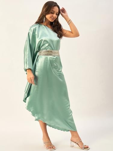 Image of DRAPE AND DAZZLE Women one Shoulder Kaftan Dress with Mirror Work Belt | Summer Westner Wear Dress| DD-115