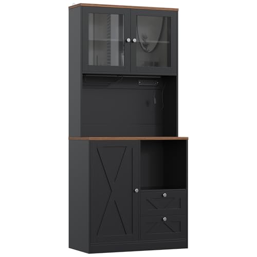 Image of 71 inch Tall Coffee Bar Cabinet with Storage Hutch, Farmhouse Kitchen Pantry Cabinet with LED Lights Microwave Stand and Glass Holder for Home Dining Room Kitchen (Black)
