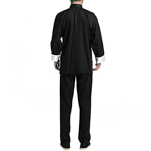 Qyuu Men's Linen Kung Fu Suit Traditional Chinese Martial Art Uniform Long Sleeve Mandarin Jacket Pants Tai Chi Set (124# Black, L), Qy-M7-124 #TOP6