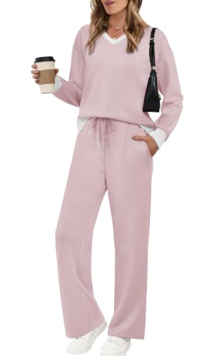 Image of WIHOLL Lounge Sets for Women 2026 V Neck 2 Piece Outfits Airport Wide Leg Pants Matching Set Sweatsuits