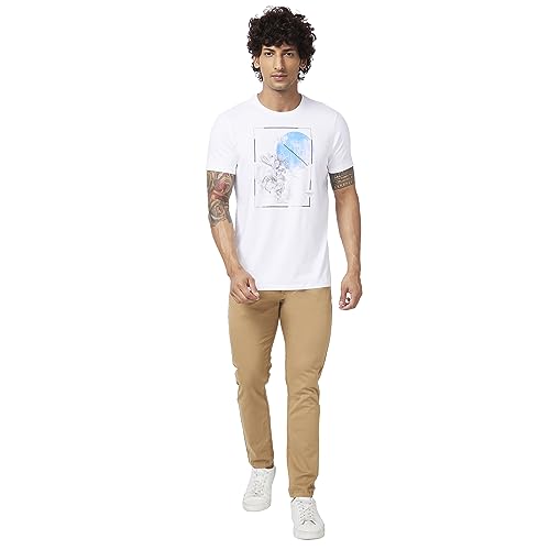 Image of Spykar Men Camel Khaki Cotton Slim Fit Ankle Length Mid Rise Trousers