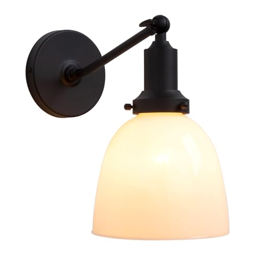 Image of PERMO Industrial Sconces Vintage Slope Pole Wall Mount Single Sconce with 6.7 inch Oval Dome Milk White Glass Shade Wall Light Fixture for Livingroom Bedroom