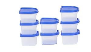 Cutting EDGE Modular Containers Oval Set with Plain Lid for Pickle, Sauces, Spices, Chutney, Dryfruits, Travelling, Spill proof, Stackable, 250 ML (Set of 8, Blue Lids)