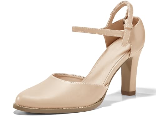 Coutgo Womens Chunky High Heels Closed Pointed Toe Ankle Strap Pumps Vintage D'Orsay Dress Party Shoes, Nude, Size 9.5