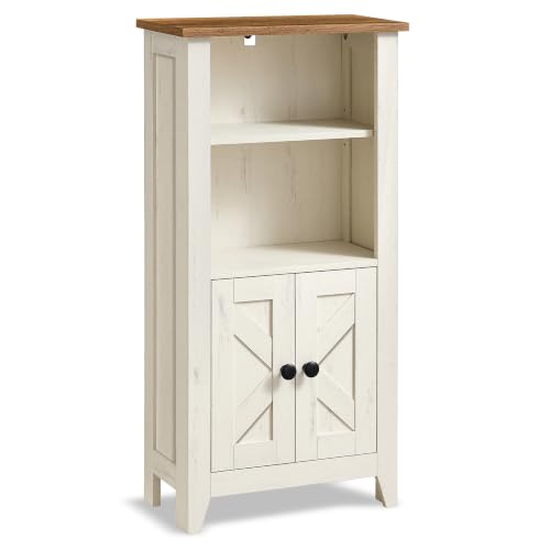 VASAGLE Mueble de Baño, Armario Auxiliar Estrecho, 40 x 21,5 x 85,5 cm | con Puertas y Estantes Abiertos, Blanco Nube y Marrón Cálido, Estilo Casa de Campo, Colección LIRY BBK313W101