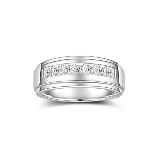 2.1 Carats 7 Stone Princess Cut Moissanite Rings for Men Women Moissanite Eternity Wedding Band Ring D Color VVS1 Moissanite Channel Set, Sterling Silver with 18K White Gold Plated Men Moissanite Ring