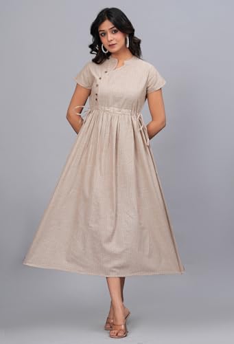 Image of Women's Cotton Striped Mandarin Collar Short Sleeves Dailywear Fit and Flared Midi Dress