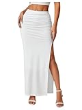 BEAUDRM Women's High Waist Maxi Skirt Ruched Side Split Thigh Elegant Bodycon Long Skirts White L