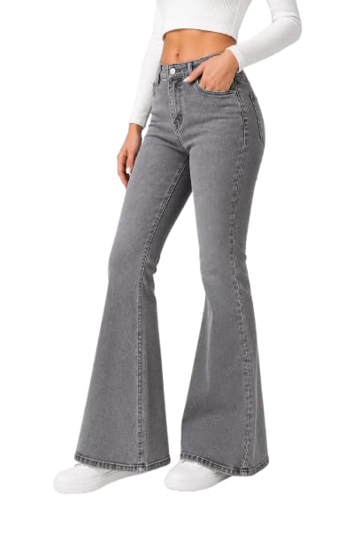 Image of Women's High Waist Bell Bottom Jeans | Flared Wide Leg Stretchable Denim Pants | Stylish Casual, Party & Everyday Wear | Denim Pant Suits | Bootcut Fit Design