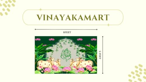 Image of vinayaka Backdrop Decoration | Lord Ganesha with Traditional Kamadhenu & Lotus Garden Pooja Background 5x8 Feet | varalakshmi Pooja Decoration