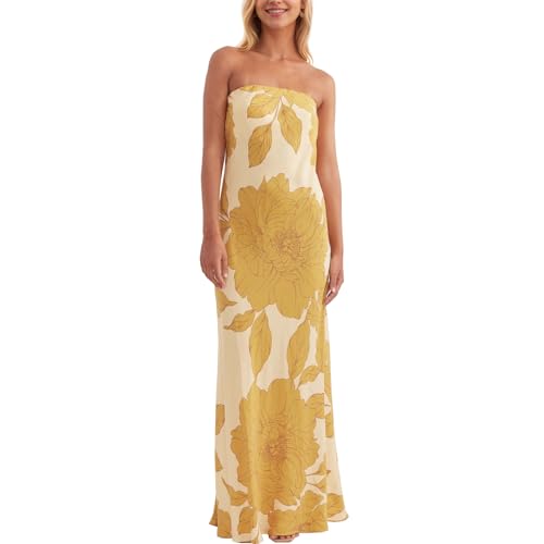 Image of Women Y2k Strapless Maxi Dress Summer Backless Floral Long Tube Dress Off Shoulder Cocktail Party Dress