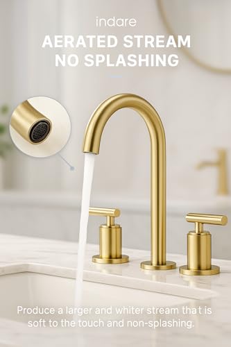Brushed Gold Bathroom Faucet, Indare Two Handles 360° Swivel Spout Widespread 4Inch 8Inch Brass Bathroom Sink Faucet 3 Hole with Pop-Up Drain and Water Supply Lines, Upgraded Style
