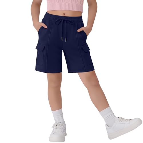 JoyMotion Girl's Bermuda Shorts Cargo Casual Straight Leg Summer Athletic Elastic Waist Shorts with Pockets Drawstring(11-12 Years,Navy Blue)
