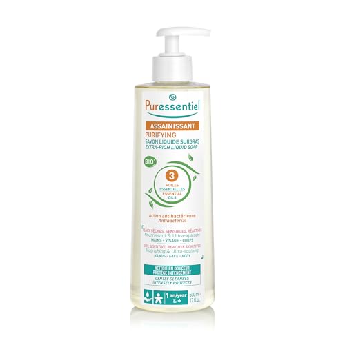 Puressentiel - Assainissant - Savon Liquide Surgras aux 3 Huiles essentielles BIO - Visage, Mains et Corps - Peaux Sèches, Sensibles et Réactives - Nettoie & Protège - Antibactérien - 500 ml