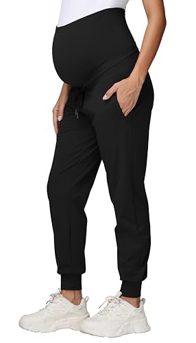 V VOCNI Maternity Joggers Pants Sweatpants Drawstring Pockets Pregnancy Pants Running Lounge Workout Jogging Black Medium