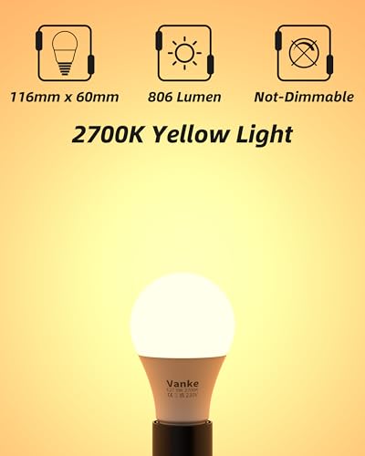 Vanke E27 Screw LED Bulb, Warm White 2700K Yellow Light, 60 Watts Equivalent, 9W ES Bulbs, Screw in Light Bulb, 806 Lumen, Non-Dimmable, Pack of 3