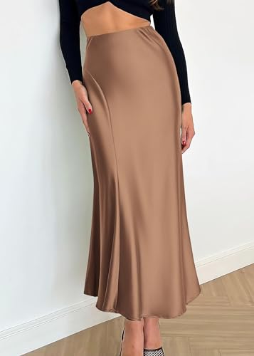 Image of KIRUNDO Women's Satin Maxi Skirt 2026 Summer Fall Trendy High Waisted Wedding Cocktail Party Work Silk A-Line Formal Skirts