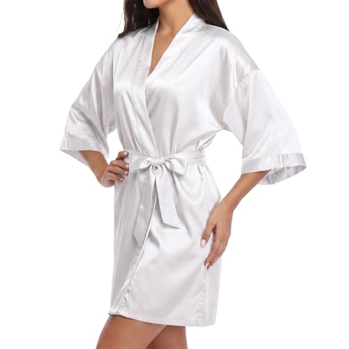 Image of Fiohiros Satin Dressing Gown Womens, Soft Silk Robe for Bride Dressing Gown, Satin Robe V-Neck Silk Dressing Gown (UK, Alpha, L, Regular, Regular, White)