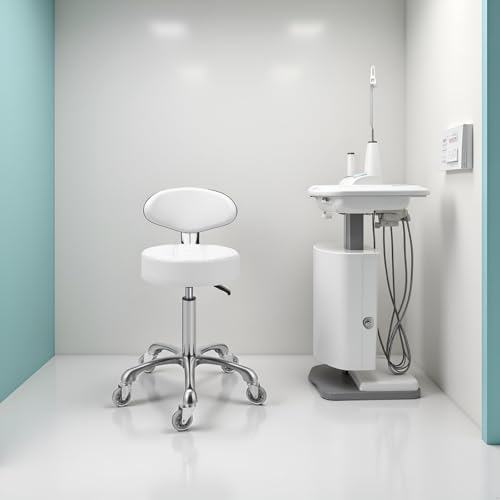 Image of Kaleurrier Rolling Stool with Back Support: Adjustable Height 22-30 inches for Nail Lash Tech Stylist - Heavy Duty Stool Chair with Wheels for Salon Shop Office Kitchen Garage White