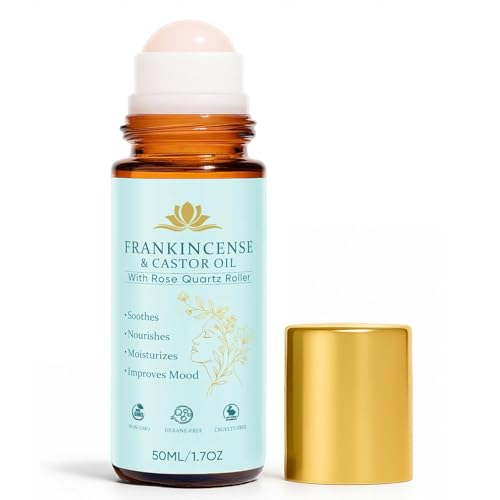 Frankincense and Castor Oil Organic Castor Oil Rose Quartz Roller Ball 100% Pure Organic Cold-Pressed Firms Skin Reduces Fine Lines Suitable for Face Neck Abdomen(50ML/1.7OZ)