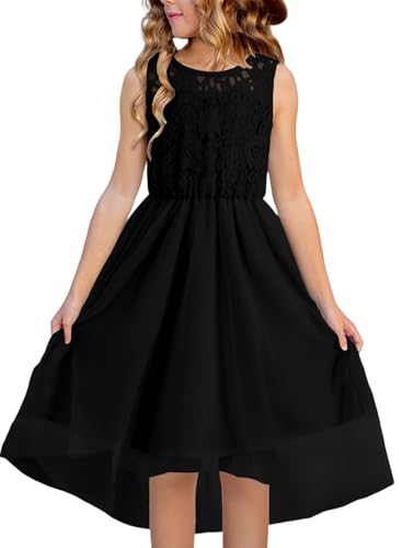 blibean Teen Girls Summer Dresses Big Kids Flower Girl Dress Sleeveless Formal Lace Tulle High Low Graduation Vestidos para Nias Size 14 15 16 Black
