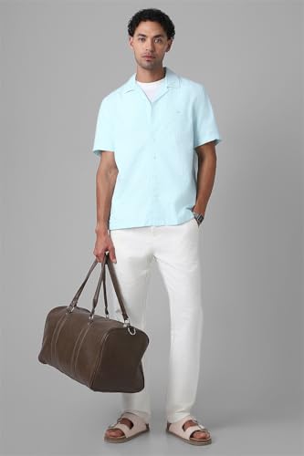 Image of Peter England Men's Casual Half Sleeve Resort Collar Shirt in 100% Cotton Seersucker with Striped Design
