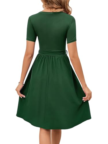 Image of Women's Elegant Vintage Round Neck Short Sleeve Summer Casual Work Party A-Line Dress with Belt 809