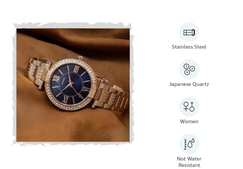 Image of EVRGLOW Analogue Wrist Watches for Women's & Girls&Miss&Ladies Luxury Blue Dial with Roman Marker in Diamond Studded Round case with Rose Gold brecelet Strap Stylish Quartz Watches