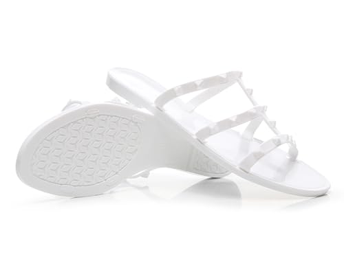 Image of Women Flats Sandals, Studded Jelly Shoes Size 9 Red Dressy Summer Beach Rivets Strappy Jellies Slide Slip On Open Toes