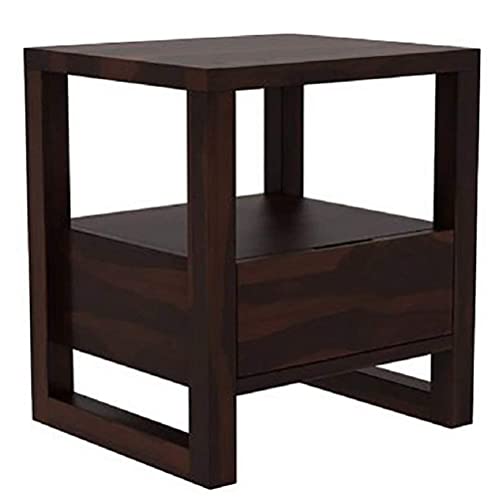 Image of Solid Sheesham Wood Bedside Table for Bedroom | Wooden Bed Side Nightstand Lamp Table with Drawer & Open Shelf Storage for Home & Hotels | Rosewood, Walnut Finish