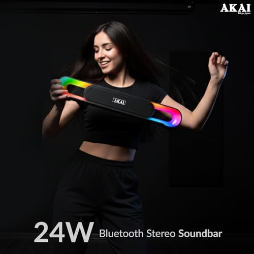 Image of AKAI SB-24 24W Bluetooth Portable Soundbar with RGB LED Lights | TWS Dual Soundbar Pairing | 2400 mAh Battery | BT V5.3, USB, AUX, TF Card | Type-C Charging | Portable | Up to 5 Hours Playtime