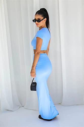 Lybiogs Two Piece Skirt Set for Women 2 PC Y2K Outfits Short Sleeve Crop Tops Bodycon High Waist Long Maxi Skirts Blue L