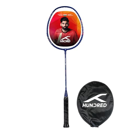 HUNDRED Powertek 200 PRO Graphite Strung Badminton Racket with Full Racket Cover (Navy) | For Intermediate Players | Weight: 95 grams | Maximum String Tension - 18-20lbs