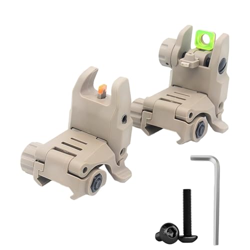 Fiber Optic Sights, Flip Up Sights with Red & Green Fiber Optics Dots, Tool-Free Adjustable Front and Rear Backup Sights for Rapid Transition Flip Up Iron Sights (Khaki)