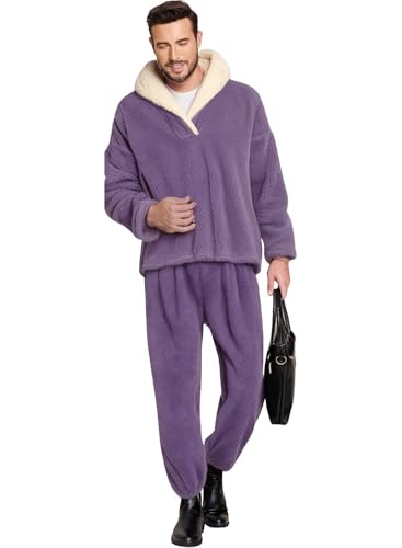 Image of Mens Fluffy Coral Fleece Pajamas Set Pullover Pants Loose Plush Warm Loungewear Sleepwear