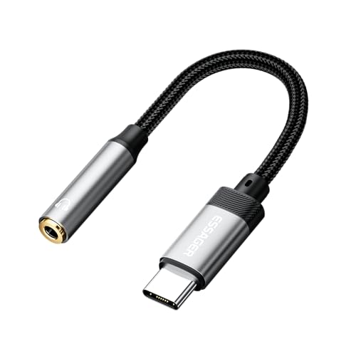 ESSAGER USB C to 3.5mm Audio Adapter, Hi-Res DAC Aux Headphone Jack Female Nylon Cable for iPhone 16 Pro Max, 15 Pro Max/15 Pro/15 Plus, Galaxy S24/S223/S22 Ultra, Pixel, and More Type C Devices