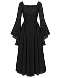 Women Renaissance Costume Bell Sleeve Smocked Goth Dress with Pockets Black L
