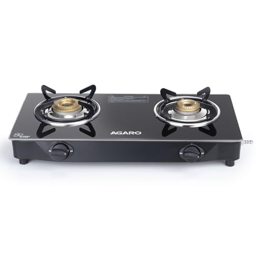 Image of AGARO Elite 2 Burners Gas Stove, Toughened Glass Top, Round Brass Burners, 1 Small & 1 Medium Size Burner, Spill Proof Fixed Drip Tray, Manual Ignition, Kitchen Use, Regular Cooking Use, Black