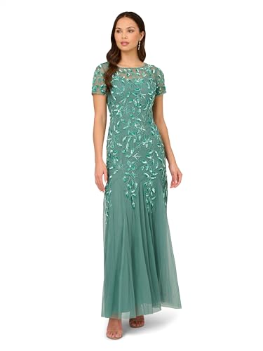 Image of Adrianna Papell Women's Beaded Gown with Godets - Floor Length Gown with Floral Embellishments & Cap Sleeves